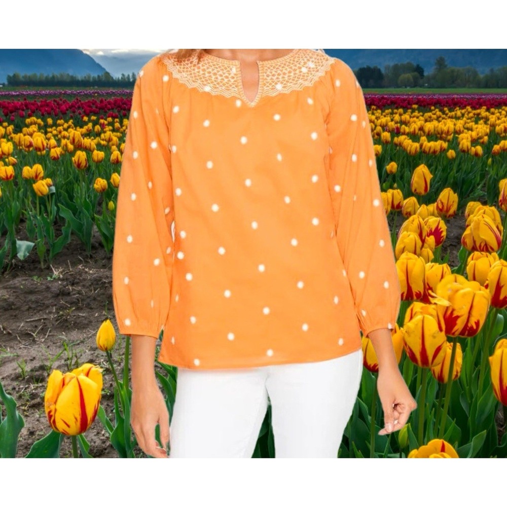 Talbots Embroidered‎ Smocked Lined Top Sunrise PolkaDot Women's 3/4 Sleeve Large